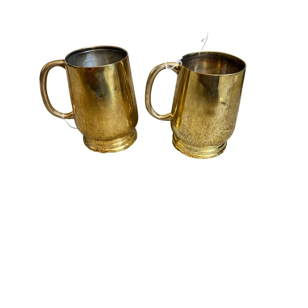 Vintage Brass Tankard Mugs Set of 2 India Gold Beer Stein Cup Barware 5 inch